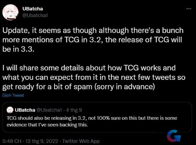 Cập nhật thông tin về thời điểm phát hành chế độ TCG